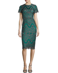Catherine Deane Short Sleeve Metallic Lace Cocktail Dress Emerald