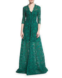 Carolina Herrera 34 Sleeve Floral Lace Gown Blackgreen