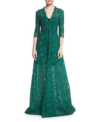 Carolina Herrera 34 Sleeve Floral Lace Gown Blackgreen