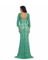 Unique Vintage Emerald Green Nude Lace Long Sleeve Long Dress