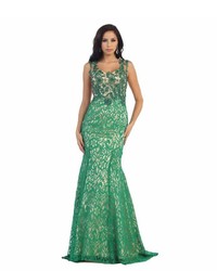 Unique Vintage Emerald Green Nude Sheer Lace Mermaid Long Dress