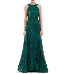 Lanvin Tiered Floral Lace Gown Green Size 36 Fr
