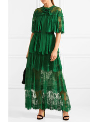 Elie Saab Tiered Swiss Dot Lace Gown Forest Green