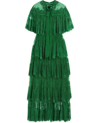 Elie Saab Tiered Swiss Dot Lace Gown Forest Green