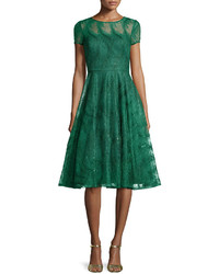 Aidan Mattox Feather Lace Open Back Party Dress Green