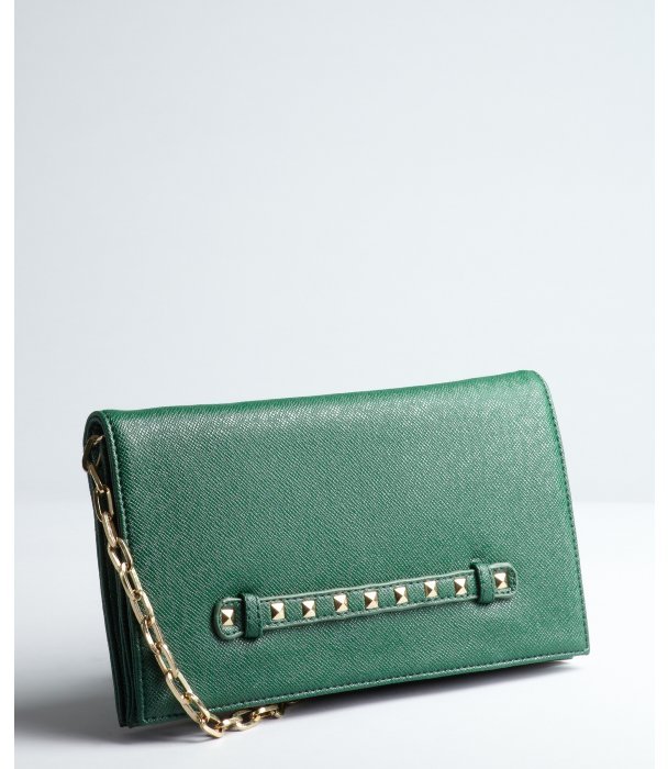 Wyatt Emerald Faux Saffiano Leather Studded Convertible Clutch | Where ...