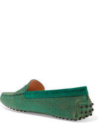 Tod's Gommino Suede Trimmed Glittered Leather Loafers Green