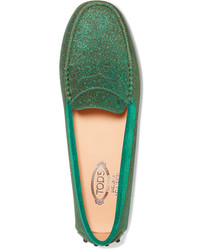 Tod's Gommino Suede Trimmed Glittered Leather Loafers Green