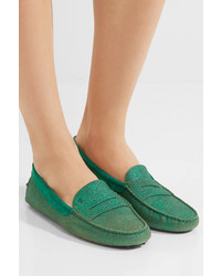 Tod's Gommino Suede Trimmed Glittered Leather Loafers Green