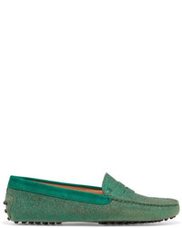 Tod's Gommino Suede Trimmed Glittered Leather Loafers Green