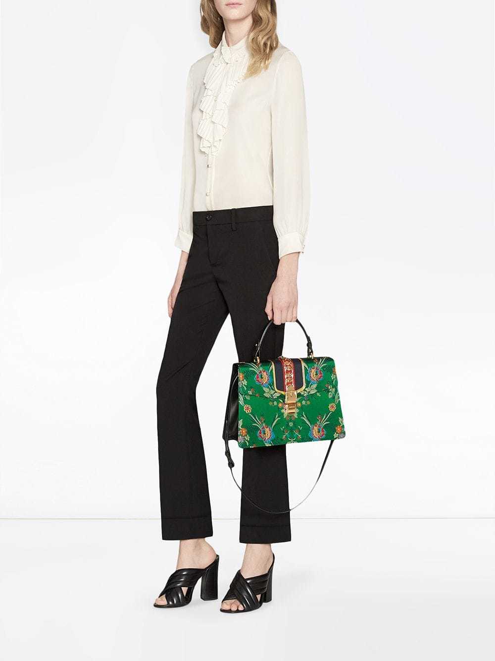 Green Floral Jacquard Small Sylvie Top Handle Bag Gold Hardware