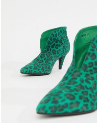 Green Leopard Leather Ankle Boots