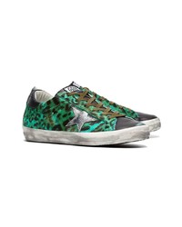 Golden Goose Deluxe Brand Green Black And Silver Leopard Print Leather Sneakers