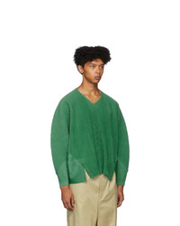 Homme Plissé Issey Miyake Green Pleated V Neck Long Sleeve T Shirt