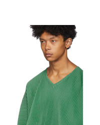 Homme Plissé Issey Miyake Green Pleated V Neck Long Sleeve T Shirt