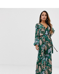Missguided Petite Satin Wide Leg Jumpsuit In Green Paisley