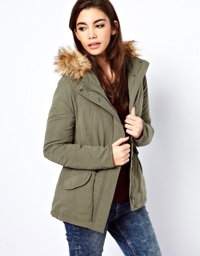 green parka with faux fur hood