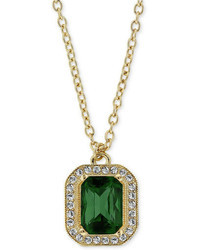 2028 Necklace Gold Tone Green Stone And Crystal Octagon Pendant Necklace