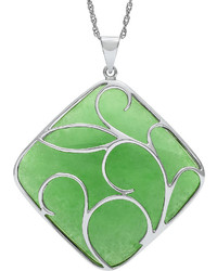 Fine Jewelry Cushion Cut Dyed Green Jade Sterling Silver Filigree Pendant Necklace