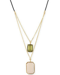 Kenneth Cole New York Gold Tone Green Stone And Tan Leather Pendant Two Row Necklace
