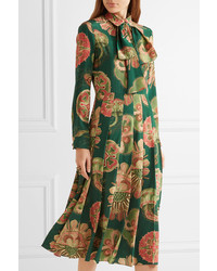 Gucci Pleated Printed Silk Crepe De Chine Midi Dress Green