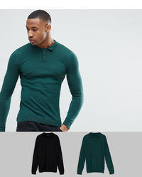 ASOS DESIGN Asos 2 Pack Knitted Muscle Fit Polo In Greenblack Save