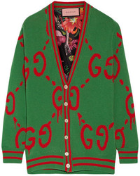 Gucci Reversible Wool Jacquard Knit And Printed Silk Twill Cardigan Green