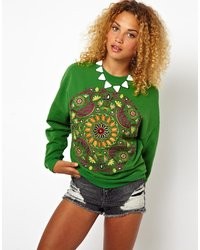 Asos Sweatshirt With Embroidered Folk Panel Green