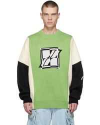 We11done Green Jacquard Square Logo Mix Sweater