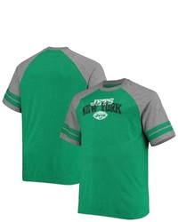 FANATICS Branded Kelly Greenheathered Gray New York Jets Big Tall Throwback 2 Stripe Raglan T Shirt