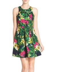 Green Print Fit and Flare Dress