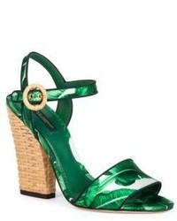 Green Print Heeled Sandals