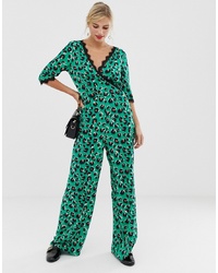 Liquorish Wrap Front Jumpsuit In Bright Leopard Print With Sleeve Detail