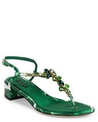 Green Print Leather Heeled Sandals