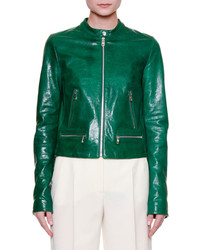 Dolce & Gabbana Zip Front Leather Jacket With Banana Leaf Lining Dark Green