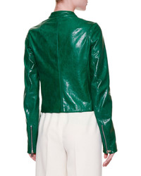 Dolce & Gabbana Zip Front Leather Jacket With Banana Leaf Lining Dark Green