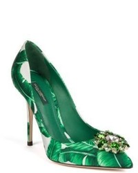 Green Print Leather Pumps
