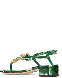 Dolce & Gabbana Embellished Printed Patent Leather Sandals Green