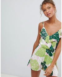 Daisy Street Playsuit With Frill Wrap Front In Palm Print