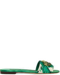 Green Print Satin Flat Sandals