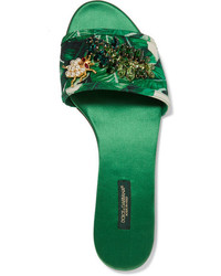Dolce & Gabbana Swarovski Crystal Embellished Printed Satin Slides Green