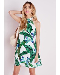 Missguided High Neck Swing Dress Whitegreen Palm Print