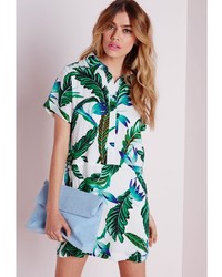 Missguided Waisted Shirt Dress Ivorygreen Palm Print