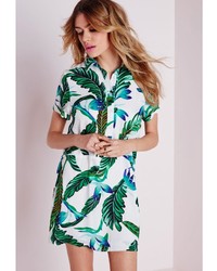 Missguided Waisted Shirt Dress Ivorygreen Palm Print