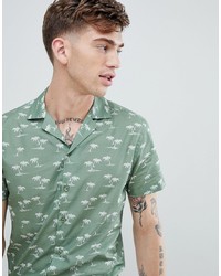 Twisted Tailor Slim Revere Collar Shirt With Green Palm Print