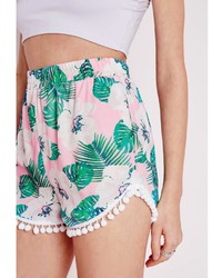 Missguided Burma Pink Hawaiian Tropical Print Pom Pom Detail Shorts