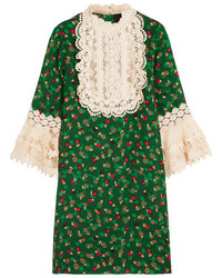 Anna Sui Lace Trimmed Printed Silk Cloqu Mini Dress Green
