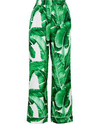 Green Print Silk Wide Leg Pants