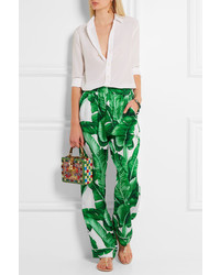 Dolce & Gabbana Printed Silk Twill Wide Leg Pants Green