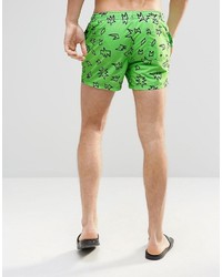 Asos Brand Swim Shorts In Neon Green With Shapes Print In Short Length